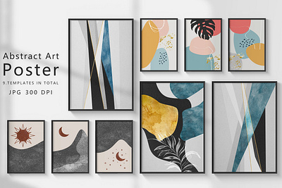 Abstract geometric wall art set. Posters, covers, prints. Waterc 3d geometry branding card decoration design grunge hand painted illustration logo paintings