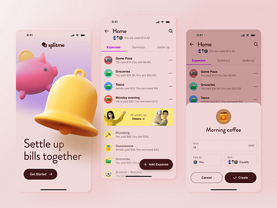 Bill Splitting - Mobile App Design 3d app app design banking app bill pay clay clean fintech illustration ios app minimalist mobile mobile ui money payment split bills ui ux uxui wallet