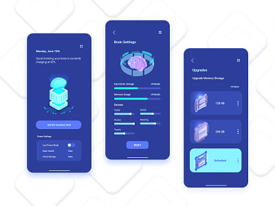 Brain Managing App adobe xd app blue brain card challenge control design figma flat future illustration memory mobile neuro technology ui ux