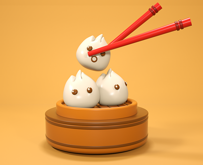 3D Baozi 3d 3d designer 3ddesign art branding chicken chinese cinema 4d design eat flour food graphic design illustration korean meat orange red stick ui