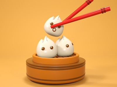 3D Baozi 3d 3d designer 3ddesign art branding chicken chinese cinema 4d design eat flour food graphic design illustration korean meat orange red stick ui