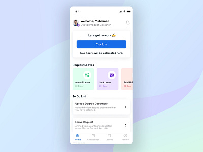 Check-ins and outs. attendance blue checkin checkout clock clock in cloud design documents experience hr hrms human resources leaves logout notification tabbar to do list ui ux