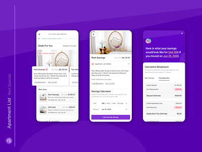 Rent Specials apartments app calculation calculator cards ui deals design housing marketplace mobile savings ui ux