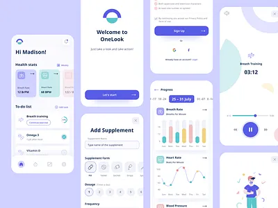 OneLook breathing exercise design system health app illustration mobile app product design product illustration supplements to do list ui ui kit uiux wellbeing wellness app