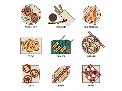 Snack Attack! adobe bangkok barcelona berlin dumplings flatdesign food illustration illustrator linework lisbon mexico muti new york pizza rome shanghai streetfood tokyo vector