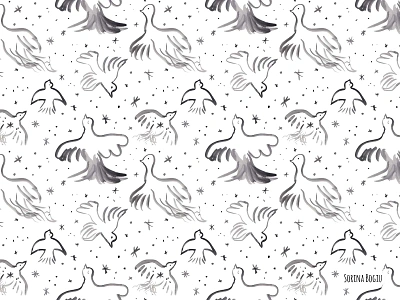 Watercolour Birds Pattern bird birds black and white cute design hand painted illustration paint pattern stars watercolour