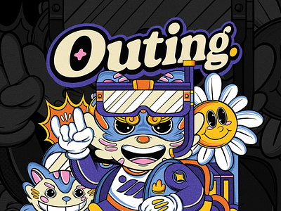 Outing Time! 🤟 badge design cat character clothing design graphic design hand drawing holiday illustration illustration design lettering line procreate retro sticker sun flower tshirt tshirt design typography vector