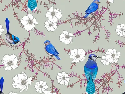 Blue Birds Pattern artistic background bird blue design flower graphic illustration pattern seamlesspattern textile wallpaper wrappingpaper