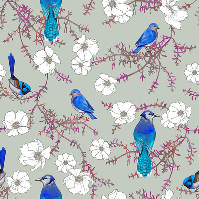 Blue Birds Pattern artistic background bird blue design flower graphic illustration pattern seamlesspattern textile wallpaper wrappingpaper