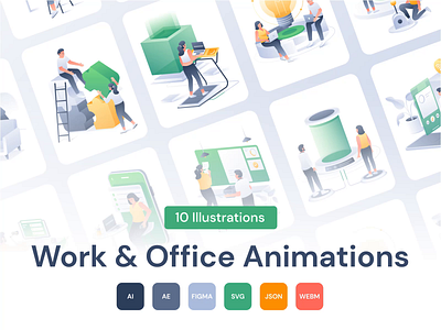 Work & Office Lottie Animations after effects aniamted illustration animation branding computer design header hero illustration illustration json landing page lottie motion motion graphics office startup team uiux website work