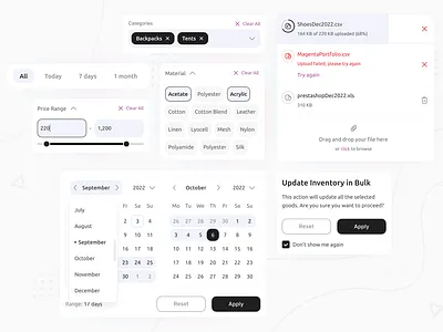 Inventory Design System calendar design system ecommerce file input filters inventory light price range tabs