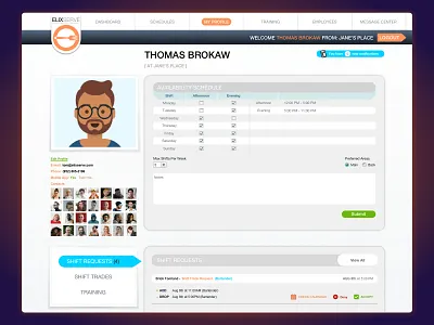 Profile Page for Employee availability employee employees list preferences product design profile restaurant restaurant tech restaurants saas schedule app shift social tools training app ui ux web web app