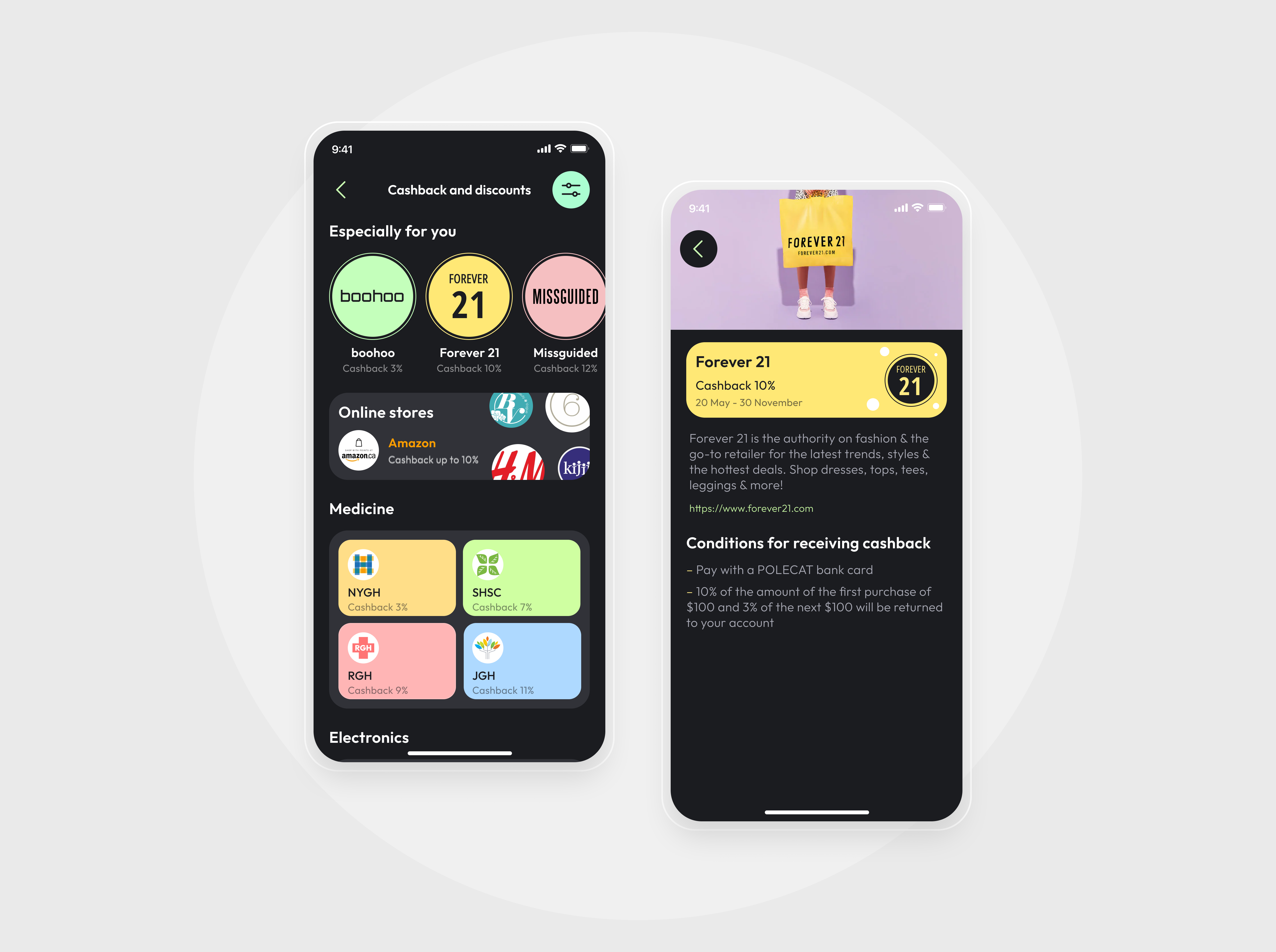 POLECAT BANK – Cashback Page bank banking app banking application cashback cashback page finance fintech mobile banking app mobile banking application mobile design product design ui uiux