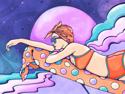 Moonlight Bathing 70s bather beautiful bold colors colorful design fashion illustration female graphic design groovy halftone illustration livelyscout moonlight procreate psychedelic relax retro vintage illustration woman