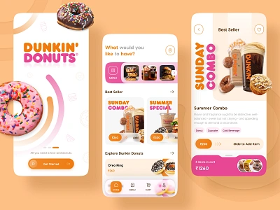 Dunkin Donuts App Case Study 3d application branding button cart casestudy colorful design donuts dunkin donuts figma food gradient order payment redesign sweet tab bar ui ux