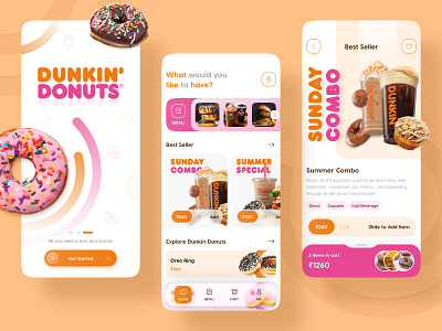 Dunkin Donuts App Case Study 3d application branding button cart casestudy colorful design donuts dunkin donuts figma food gradient order payment redesign sweet tab bar ui ux