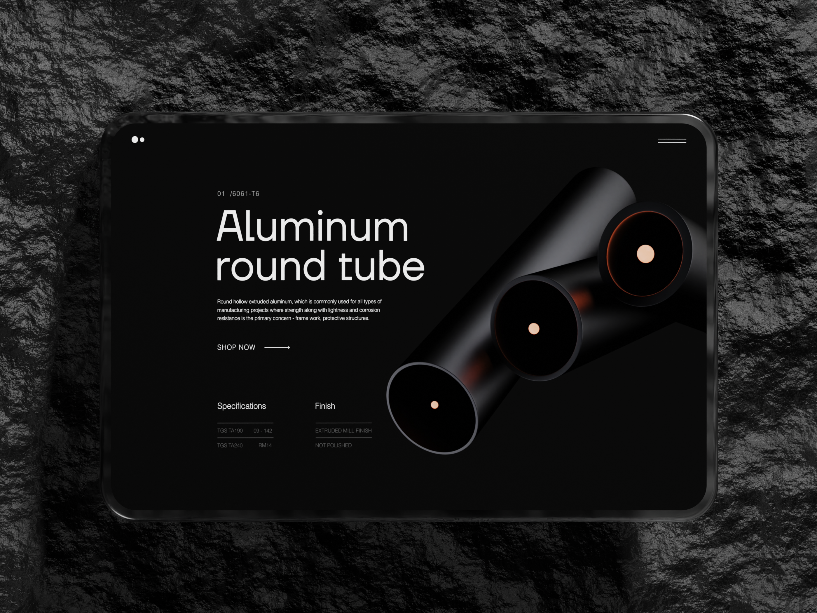 Aluminum pipes. Online store 3d 3d animation animation branding dark website ecommerce minimalism pipes product red color stone store textures the glyph ui ux website