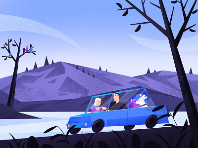 Adventure time 2d adventure art bird car character dog flat illustration illustrator minimal mountain nature travel trip ui vector