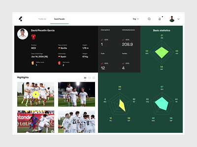 Football analysis app app charts clean dash dashboard design football game highlights interface platform player position sport statistics ui ux