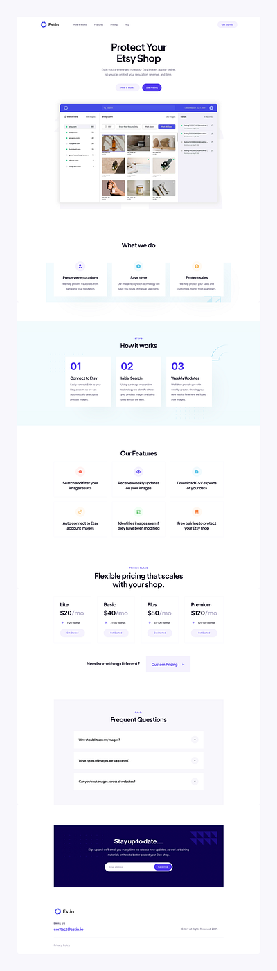 Estin Landing Page - Etsy Shop Image Protection Software copy copywriting design etsy landing page logo mockup software template ui web website