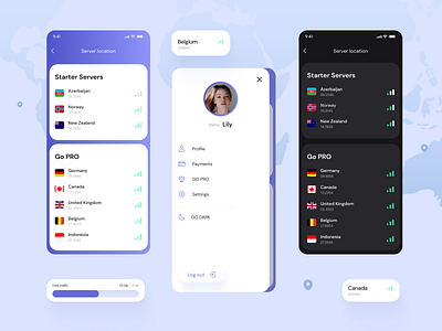 VPN Service Mobile Application for iOS and Android android android app application dark theme design flutter ios ios app mobile app mobile application mobile design online service promotion ui ux vpn vpn app web design web designer web development