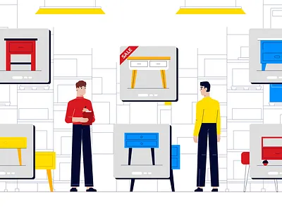 Trading bold buy character customer decor design furniture graphic design illustration online people sale shop shopping trade trading vector