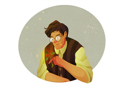 botanist botanist boy cartoon character gardener glasses grow illustration magic man natural nature nerd plant portrait retro style texture vector vintage