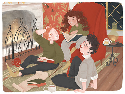 Cozy evening in Hogwarts artwork book illustrations characters children illustration cute fanart gryffindor harry potter illustration illustrator magic procreate