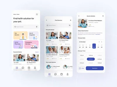 Pet Care Mobile App - Home, Doctors, Appointment screens. 3d animation app application care doctor home page mobile app motion graphics pet pet care pet doctor ui
