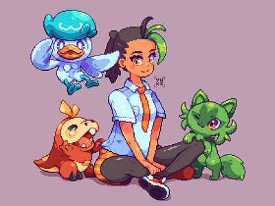 Sprigatito Quaxly Fuecoco and Nemona ✨ 16bits art aseprite design fuecoco gamefreak illustration nintendo pixel pixel art pixels pokemon pokemonscarletandviolet quaxly sprigatito