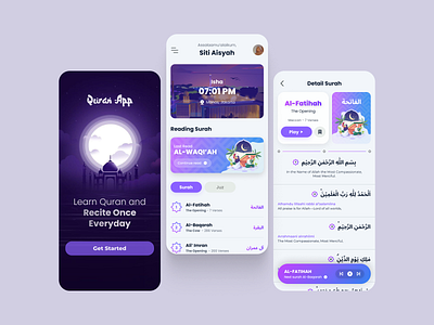 Quran Mobile Application al quran aplikasi quran application design blue purple gradient light theme mobile design quran quran app quran application quran mobile quran mobile app quran mobile design ui ui design uiux user interface design