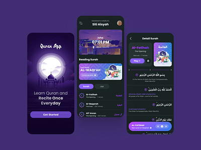 Quran Mobile Application aplikasi quran application design blue purple dark theme desain aplikasi quran design mobile mobile design neurophism quran app quran dark quran gradient quran mobile app quran ui ui uiux user interface design