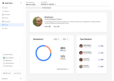 Attendance tracker profile dashboard dashboard design saas ui
