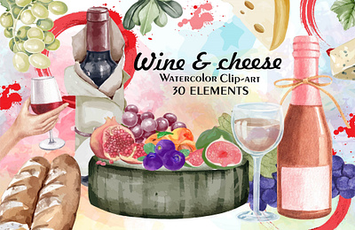 Watercolor Wine & cheese clipart alcohol clipart french clipart kitchen clipart red wine thanksgiving clipart watercolor clipart watercolor illustration watercolor image white wine wine bottle wine glass