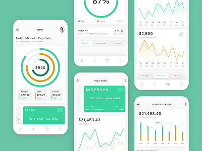 Banking Chart Mobile App UI Kit app banking candle stick chart design donut chart finance line chart pie chart ui ui design ui kit ux