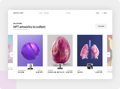 Artpoint - Homepage 3d art artists artpoint artworks design gallery grey homepage interface nft painting picture pink ui ux website
