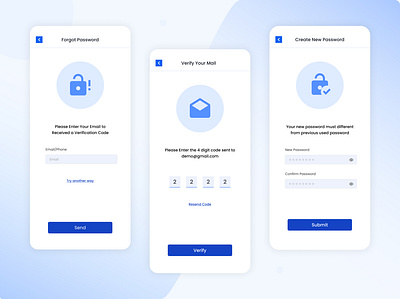 Forgot Password & Reset App UI app ui design app ui kit authentication app ui change password clean ui design create account forgot forgot password login ui material ui new password onbording registration ui reset password sign in sign up ui kits ux verify wireframe