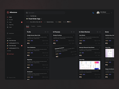 Web App - Project management app cards column dark dashboard design management menu project sidebar status tickets ui ux vector