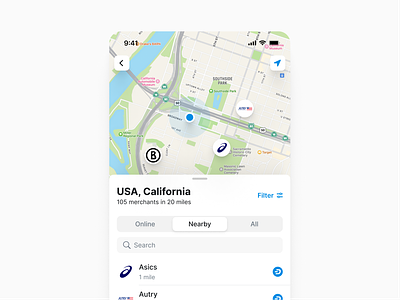 Map. List of merchants android app buttons crypto interface ios list map search tabs ui uidesign uiux