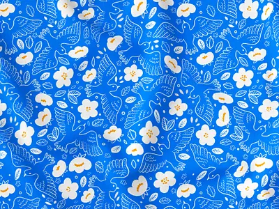 Seamless pattern Spring birds bird blue doodle endless floral hand drawn illustration pattern seamless seamless pattern surface pattern vector
