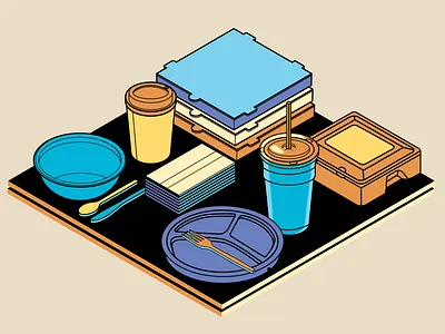 Take Out bowl coffee cup cold cup fork hot cup isometric napkins pizza box plate restaurant restaurant supply spoon