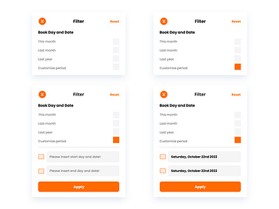 Book Day and Date History Filter Pop Up and book date day filter history pop ui up user interface design