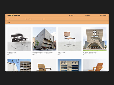 Marcel Breuer — digital catalog of iconic works architecture bauhaus biography brutalism brutalist catalog design filters furniture interaction design interface marcel breuer ui uiux user experience user interface ux web design