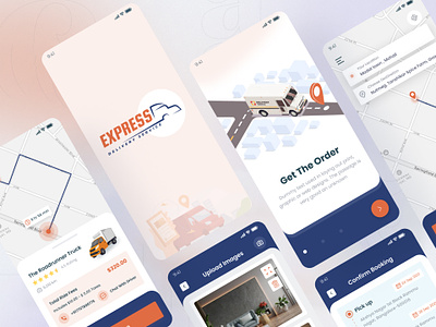 Express Concept UI Kit booking app branding courier service creative design illustration location app mobile app mockup movers movers and packers concept on demand app packers packers and movers product transport ui