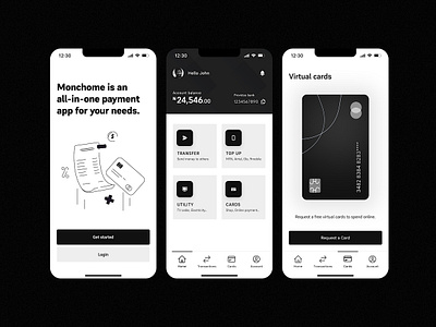 Monchrome App design fintech landing page payment app product design ui uiux ux virtual card