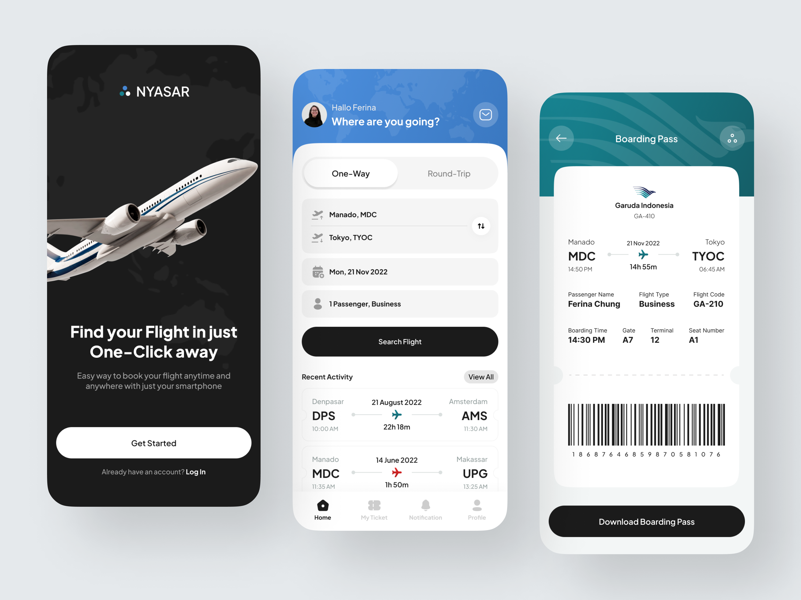 Nyasar - Flight Booking App airlines apps beach boarding pass booking flight booking mobile modern plane ticket ticket booking travel ui uiux ux vacation