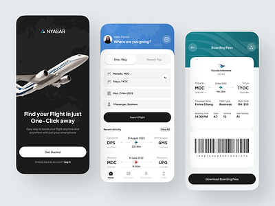 Nyasar - Flight Booking App airlines apps beach boarding pass booking flight booking mobile modern plane ticket ticket booking travel ui uiux ux vacation
