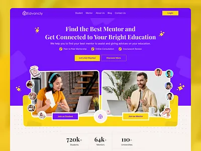 Website Design: Edvancly - Finding Mentor Online Landing Page bright campus college colorful e learning education landing page mentor mentorship online online consultation online teaching school student tutor ui design vibrant web design