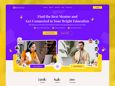 Website Design: Edvancly - Finding Mentor Online Landing Page bright campus college colorful e learning education landing page mentor mentorship online online consultation online teaching school student tutor ui design vibrant web design