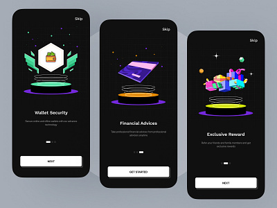 Crypto app - On Boarding Design app design bitcoin blockchain crypto crypto exchnage cryptocurrency dark mode ethereum finance intro screen mobile app mobile app design mobile ui onbording online payment app rewards security splash screen start screen wallet